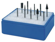 Micro Milling Bur Set, Shank Dia. 3mm, 10-piece, Carbide, Toothed, Cross Cut, Plastic Cassette, TECWERK