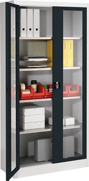 Hinged door cabinet with viewing window H1950xW950xD420mm light grey/anthracite grey 4 shelves