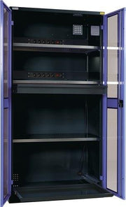 Elek.-Flügeltürenschrank H1995xB1000xT580mm grau/blau 3BD 1Schubl.Sichtfenstert.
