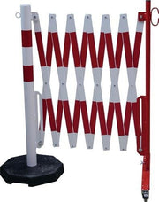 Sperrpfosten L3600xH1000mm m.Scherengitter u.mobilem Standfuß rot/weiß