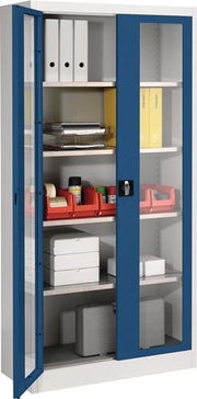 Flügeltürenschrank H1950xB950xT600mm grau/blau 4BD Sichtfenstertüren MAUSER